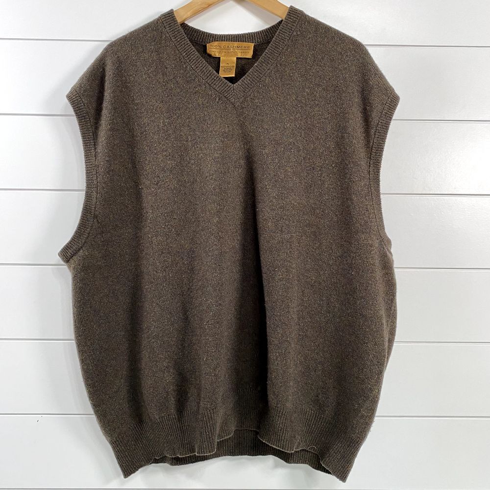 100% Cashmere Mens Vneck Sweater Vest XL Brown Luxury Business Casual Academia